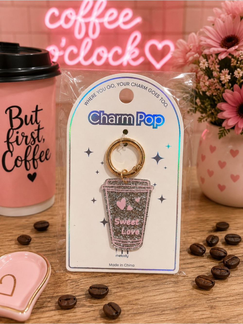Charm Pop Sweet Love Coffee Cup Keychain Charm Glitter Silver Pink NWT